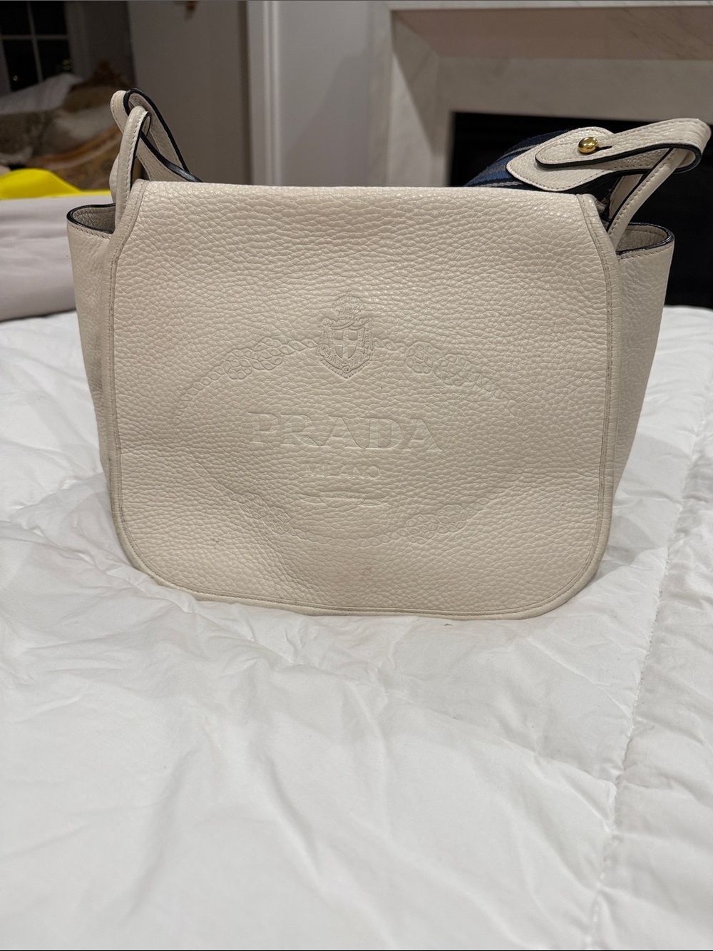 Prada Cream Pebbled Leather Shoulder Bag with Black Strap Accents
